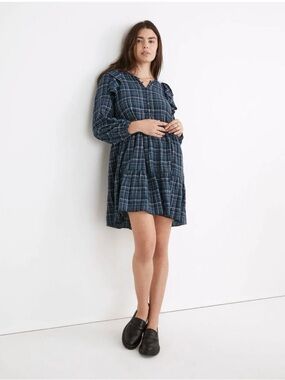 Madewell 99% Cotton Gauze Ruffle Trimmed Tiered Mini Dress indigo Blue Plaid